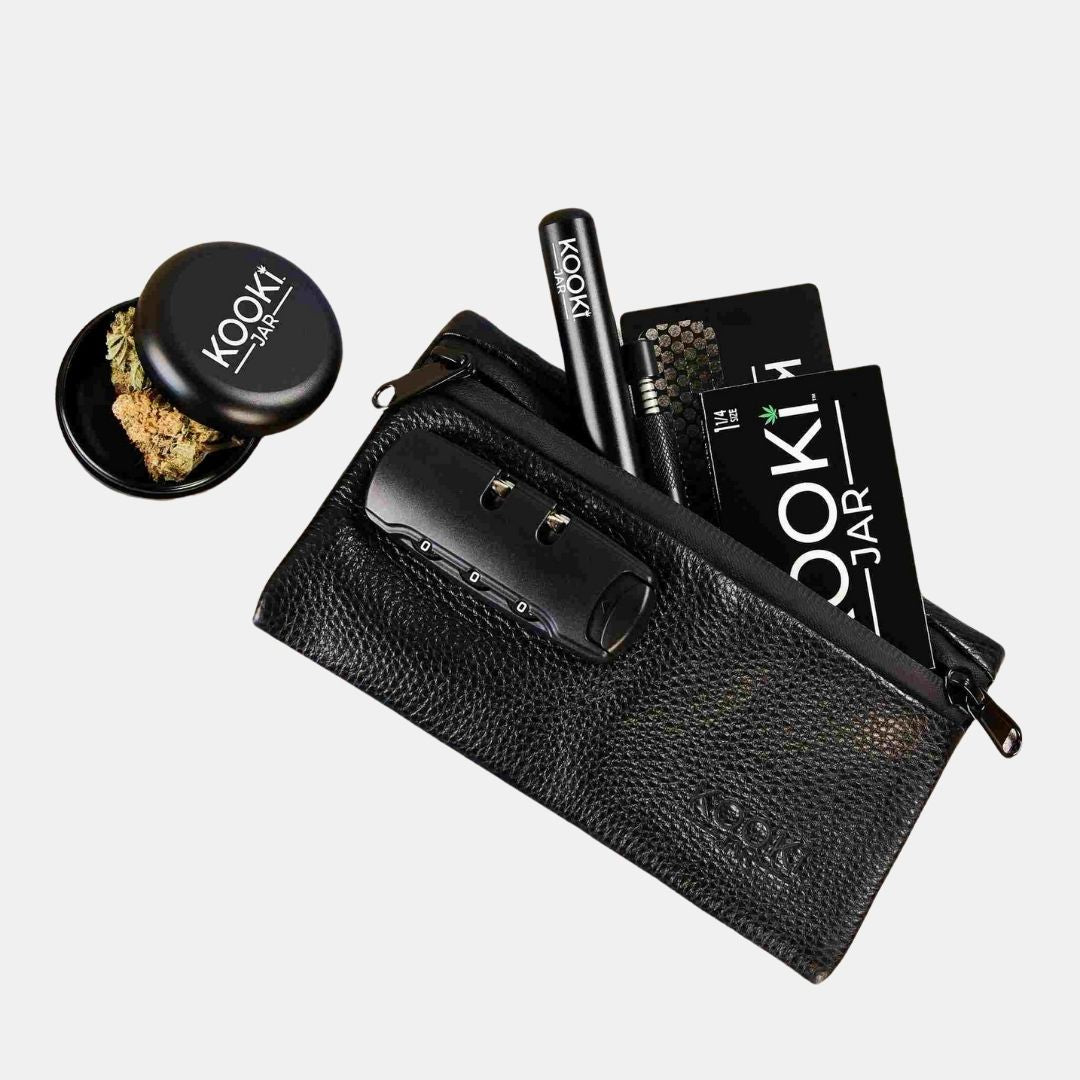 KookiJar On-The-Go Kit | Smell Proof Lockable Leather Pouch Loaded With Accessories